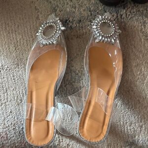 Clear PVC Slip-On Flats with Silver Crystal Accent